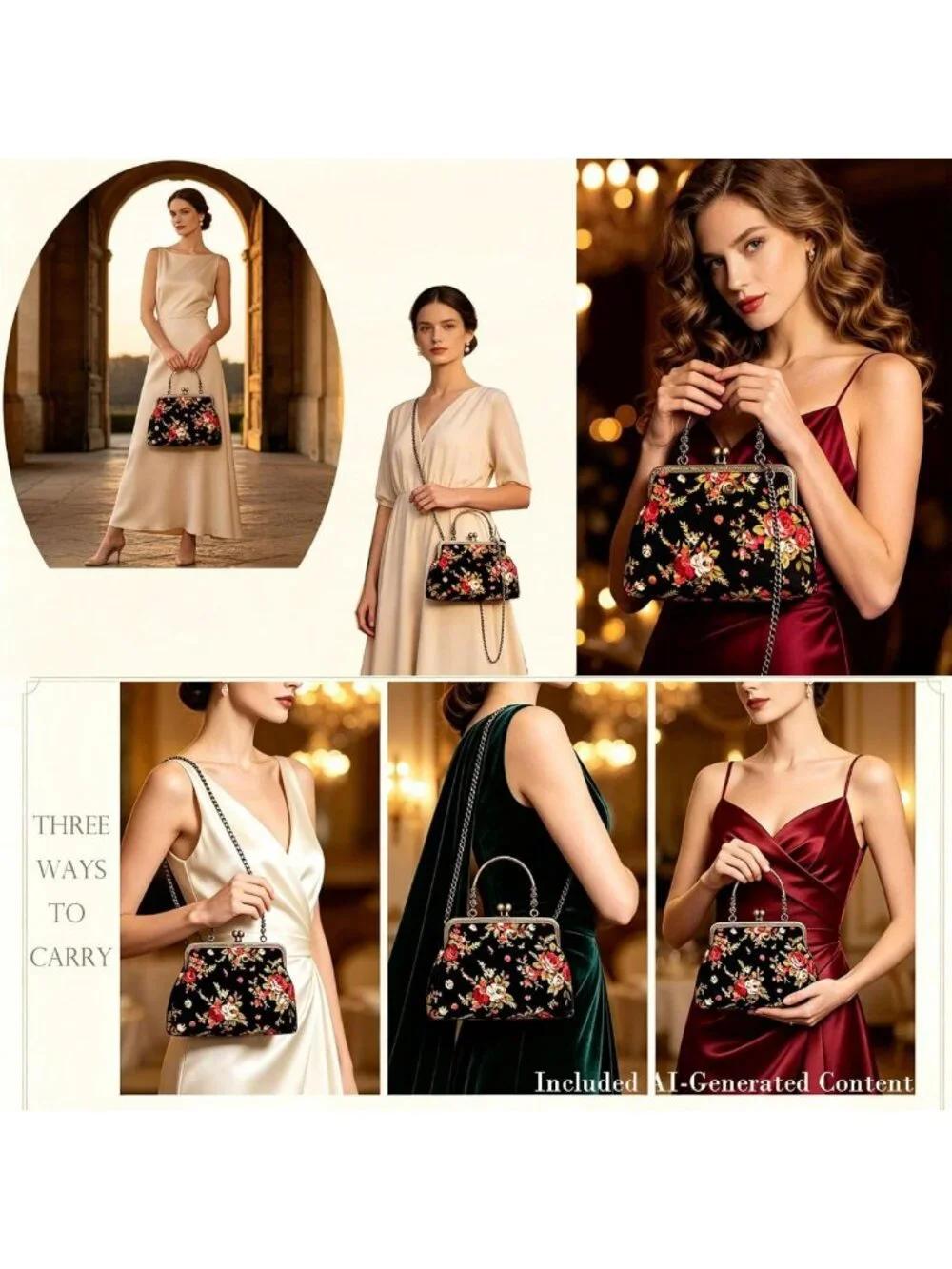 Vintage Floral Top-Handle Handbag, Kiss Lock Evening Bag for Women, Chic Purse